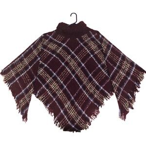 Harvé Benard Fringe Cowl/Turtleneck Poncho Shawl Burgundy Plaid OS Fits All